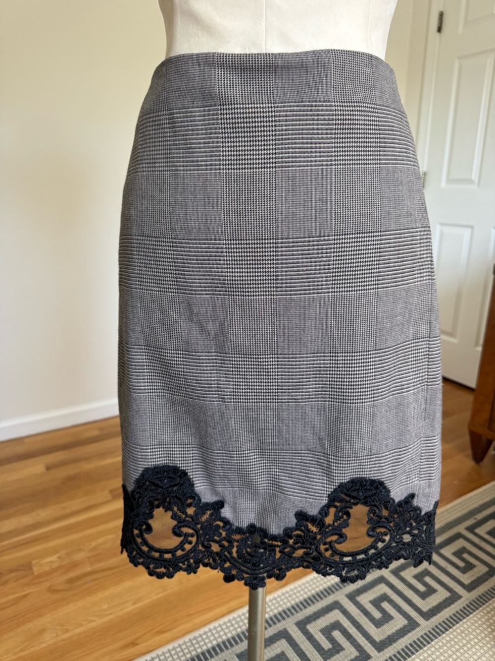 Adrianna Papell Plaid Pencil Skirt with Black Lace Trim